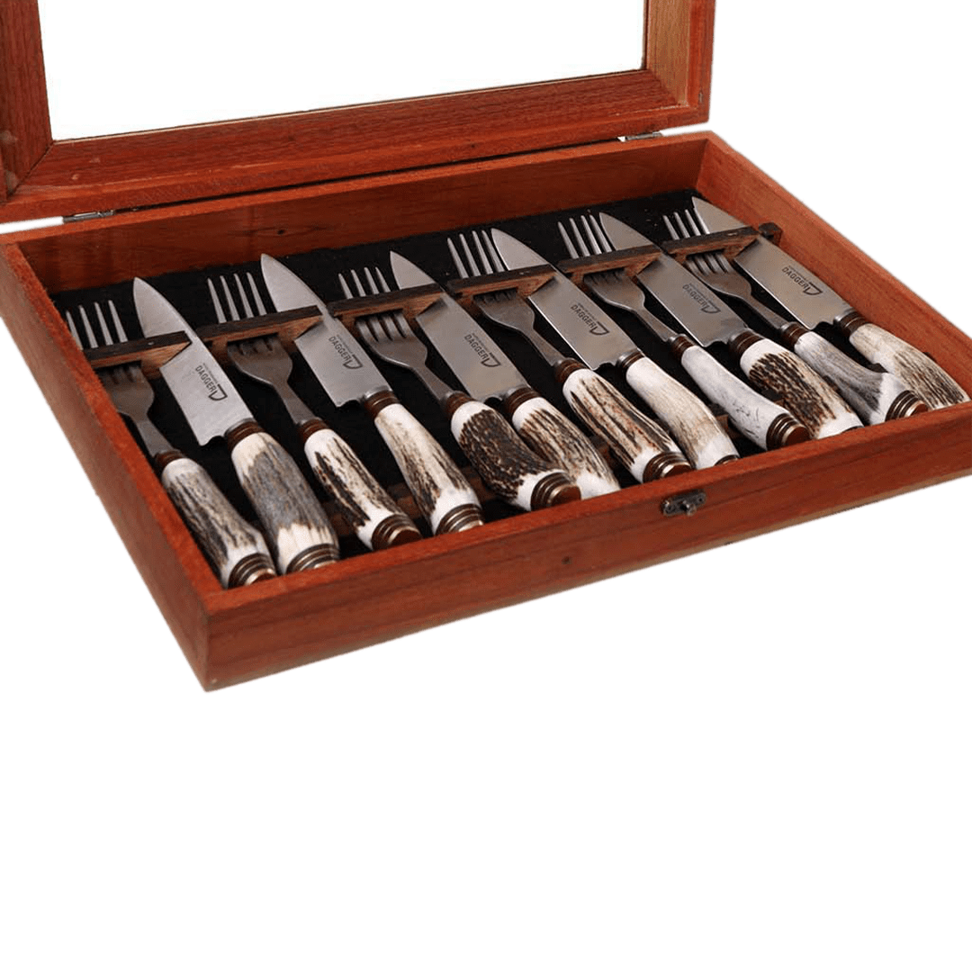 Cutlery - Boxset of 6 Picnic Knife Sets with Deer Antler Handle – 14 cm