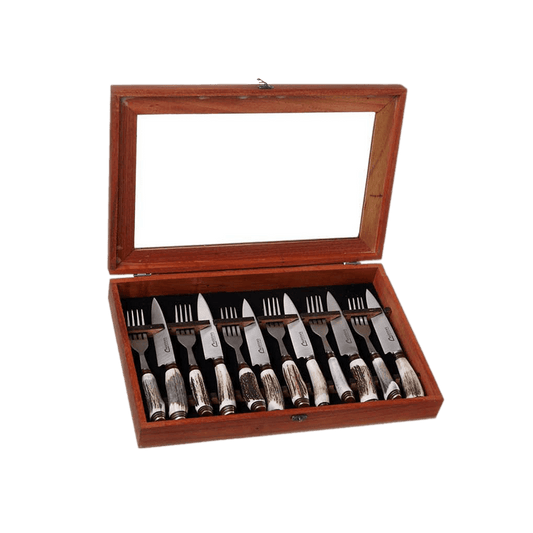 Cutlery - Boxset of 6 Picnic Knife Sets with Deer Antler Handle – 14 cm