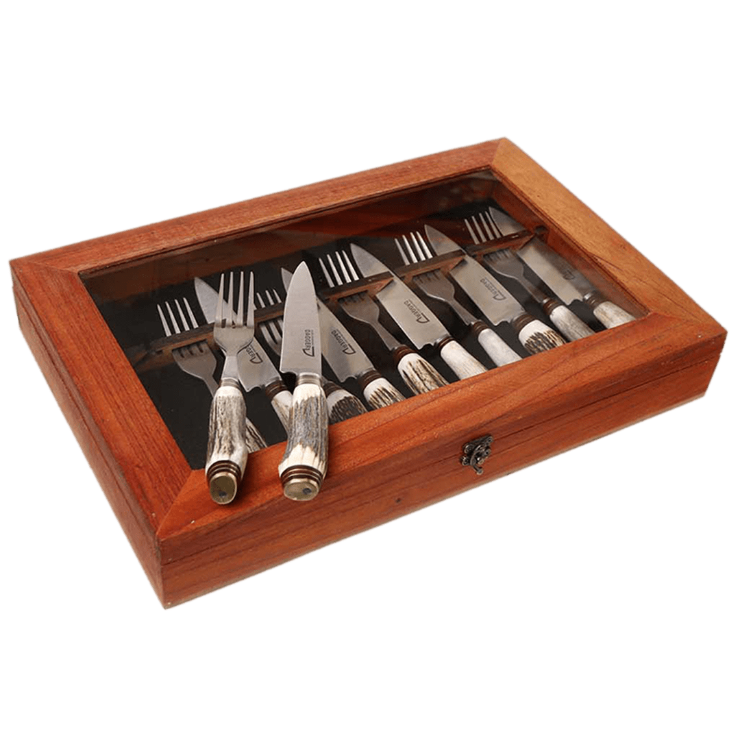 Cutlery - Boxset of 6 Picnic Knife Sets with Deer Antler Handle – 14 cm