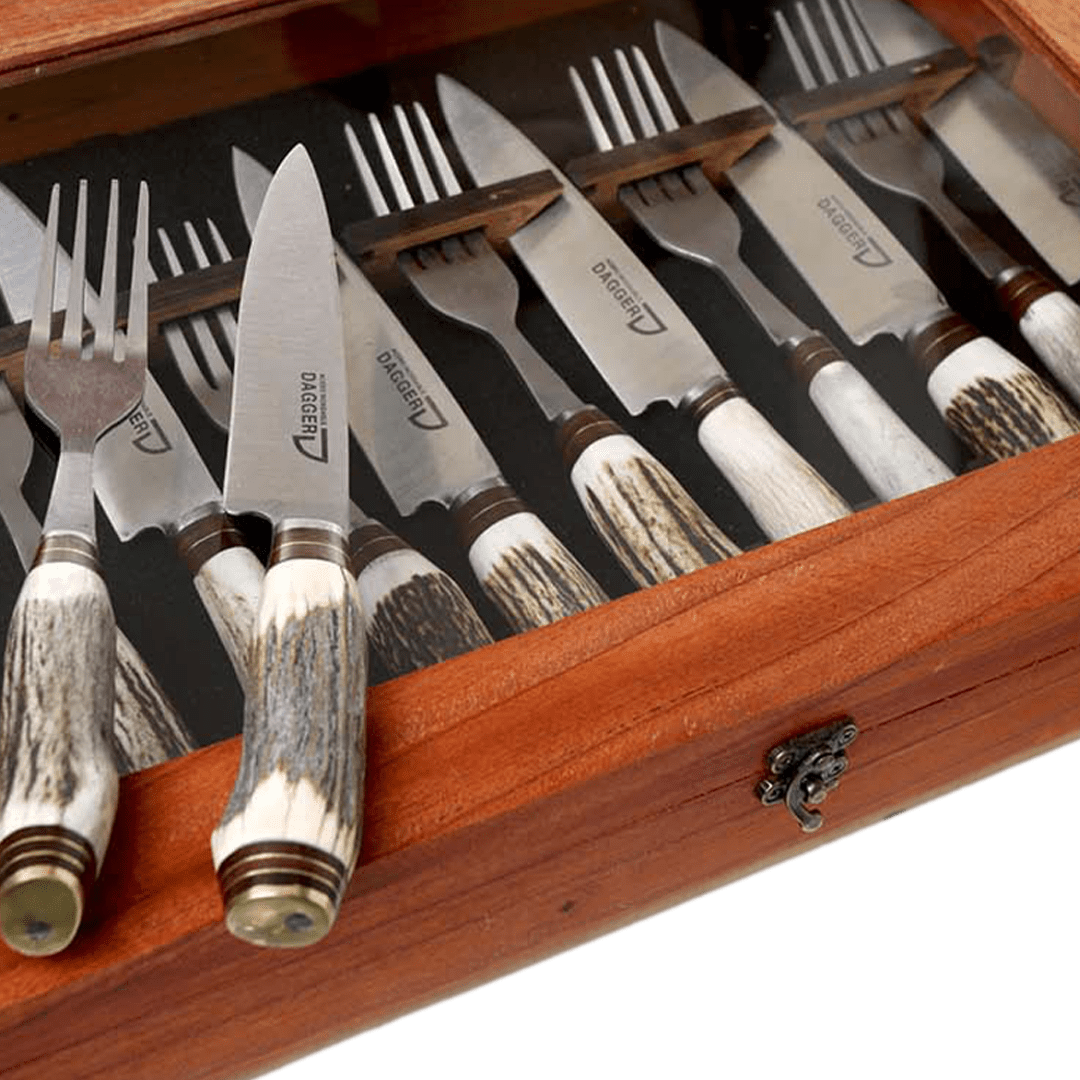 Cutlery - Boxset of 6 Picnic Knife Sets with Deer Antler Handle – 14 cm