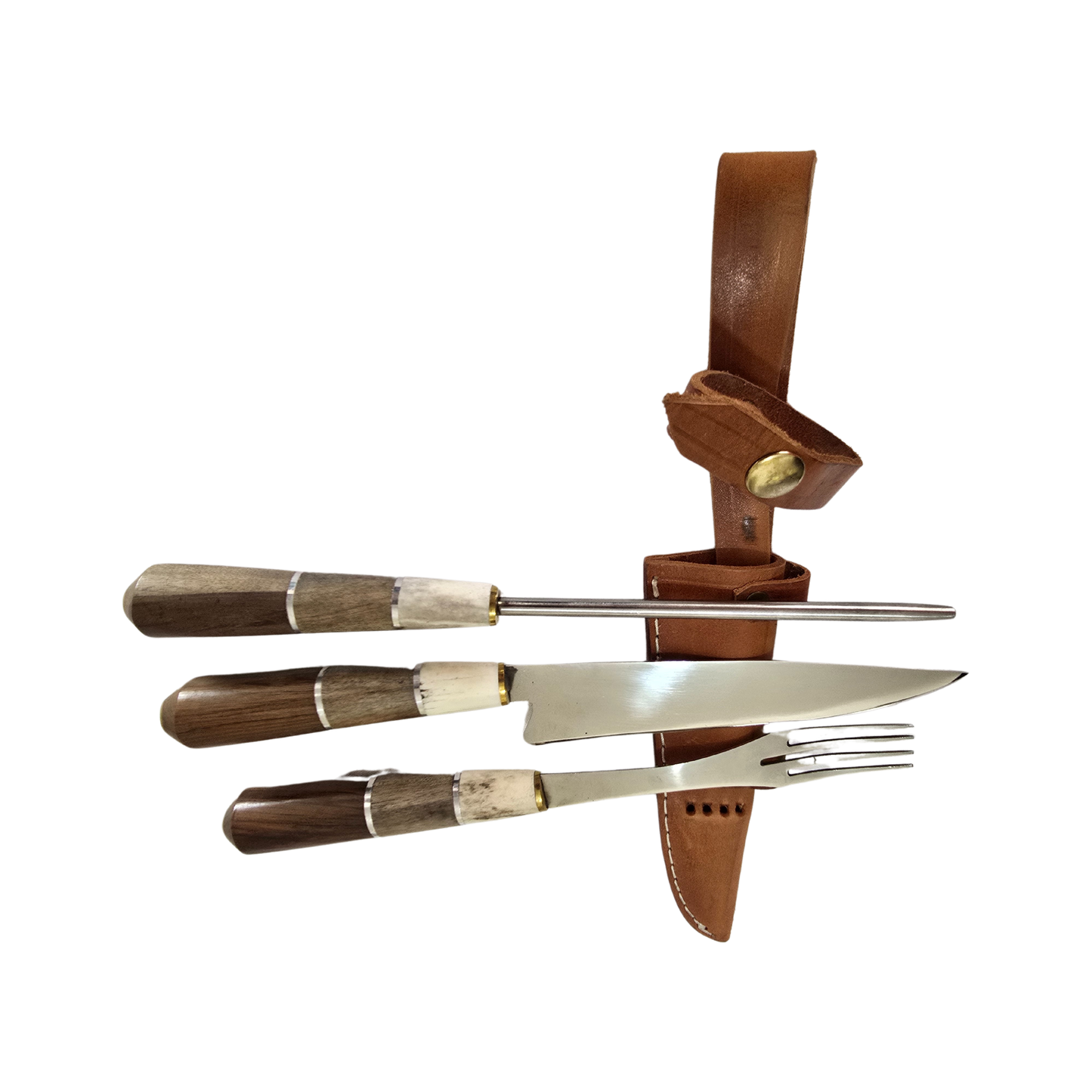 Cutlery - Asador Set with Knife, Fork, and Honing Steel with Cow horn and wood handle