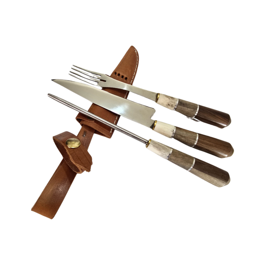 Cutlery - Asador Set with Knife, Fork, and Honing Steel with Cow horn and wood handle