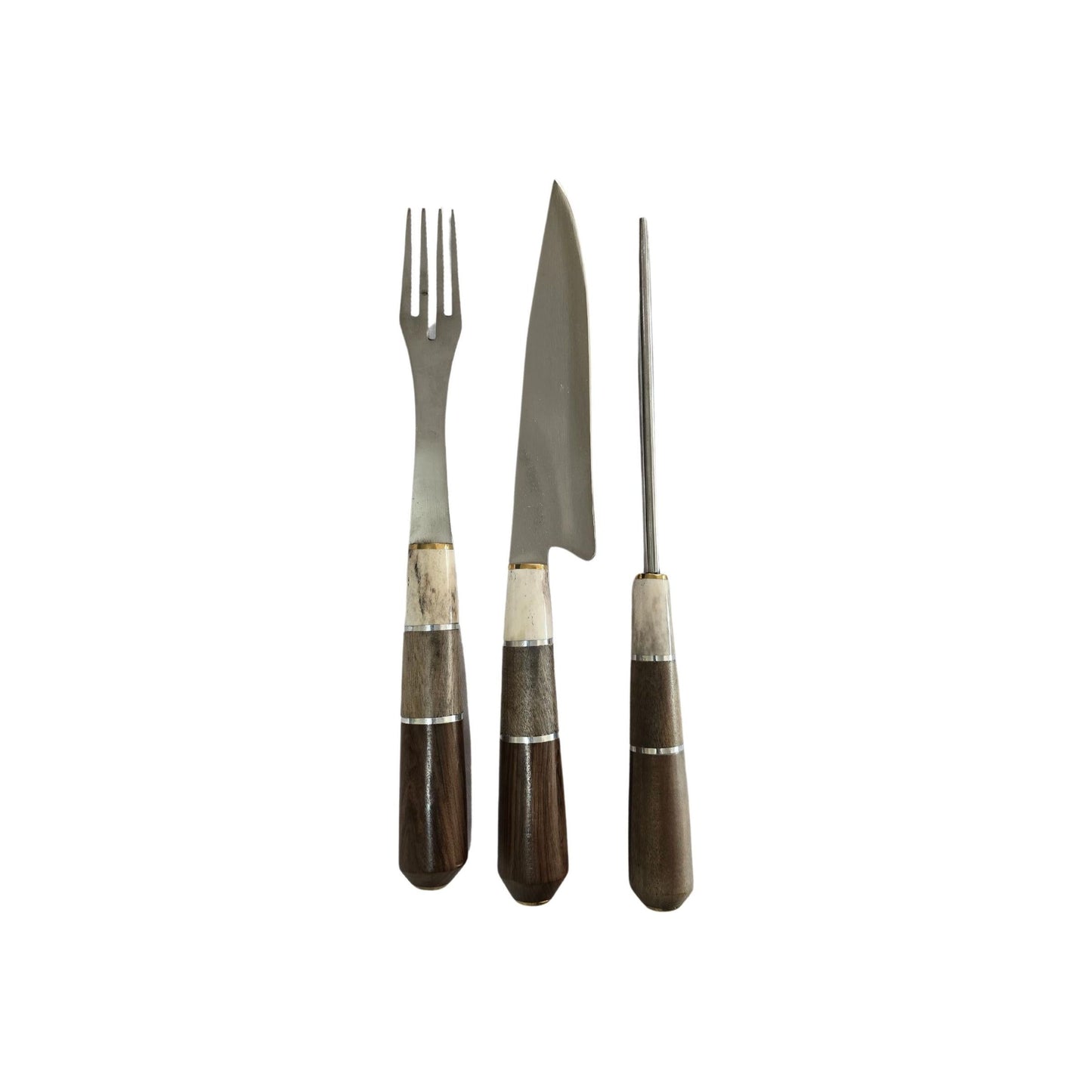 Cutlery - Asador Set with Knife, Fork, and Honing Steel with Cow horn and wood handle